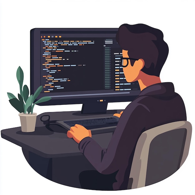 un hombre está trabajando en una computadora con el código de la palabra en la pantalla