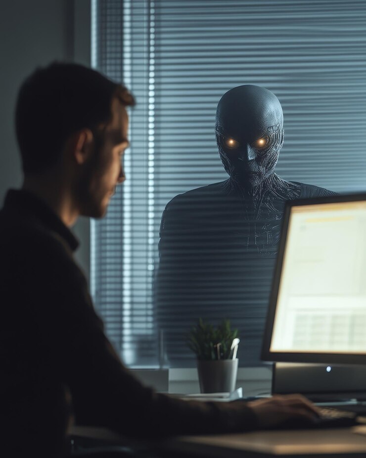 Foto un hombre está trabajando en una computadora con una criatura espeluznante detrás de él