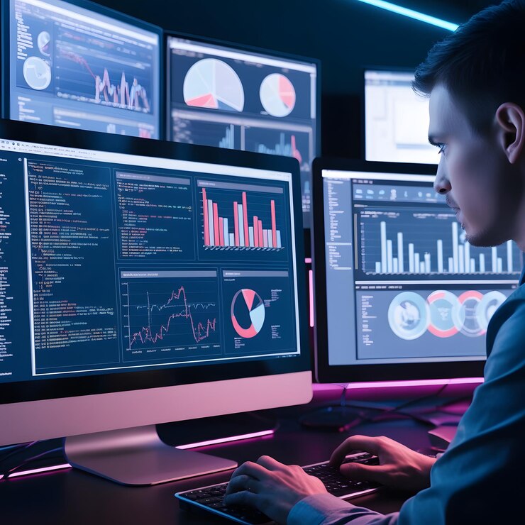 un hombre está trabajando en una computadora con un gráfico en la pantalla