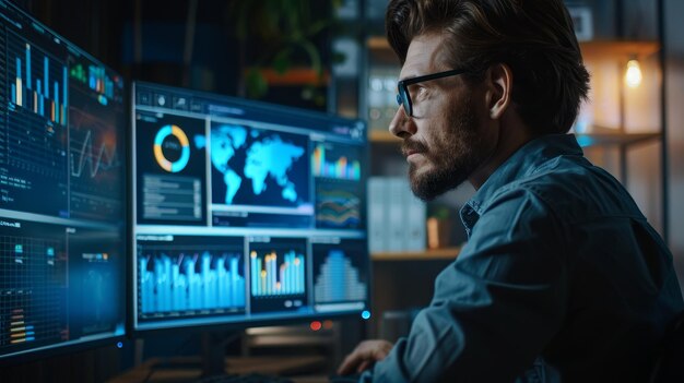 un hombre está trabajando en una computadora con un gráfico en la pantalla