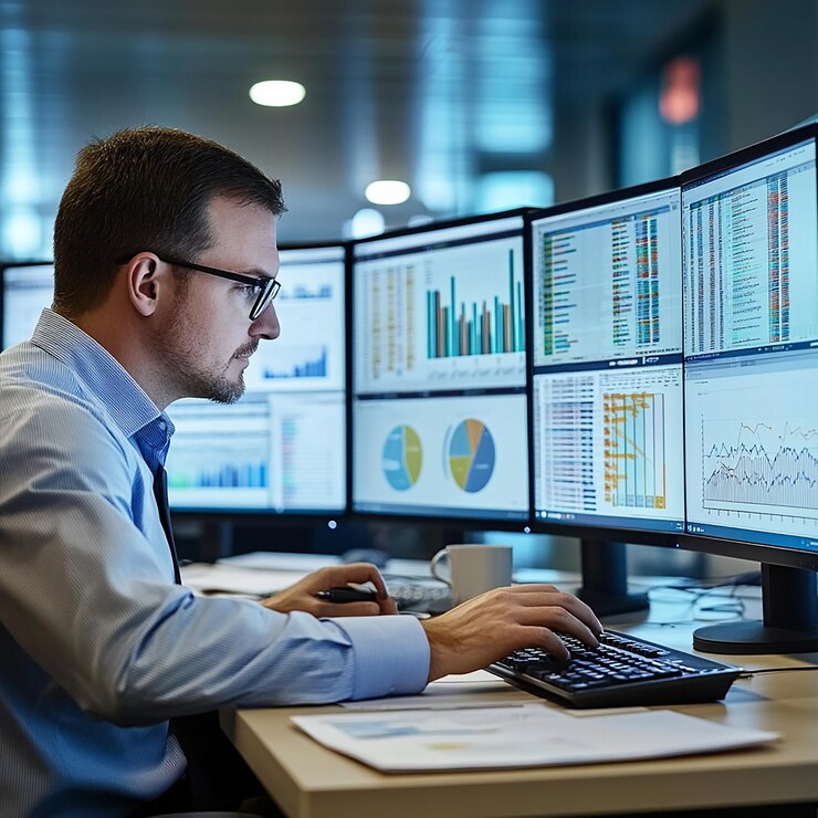 Foto un hombre está trabajando en una computadora con un gráfico en la parte superior del monitor
