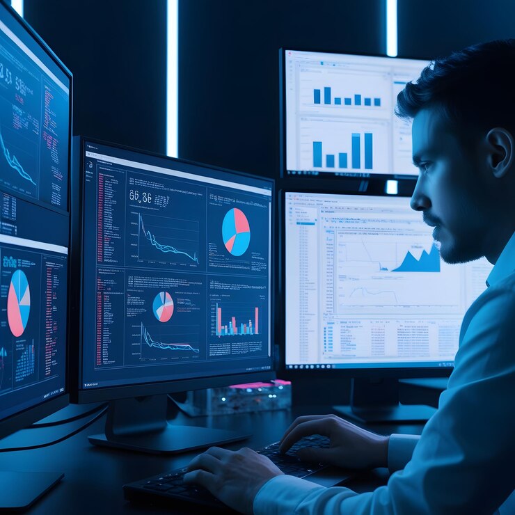 Foto un hombre está trabajando en una computadora con un gráfico que muestra el gráfico