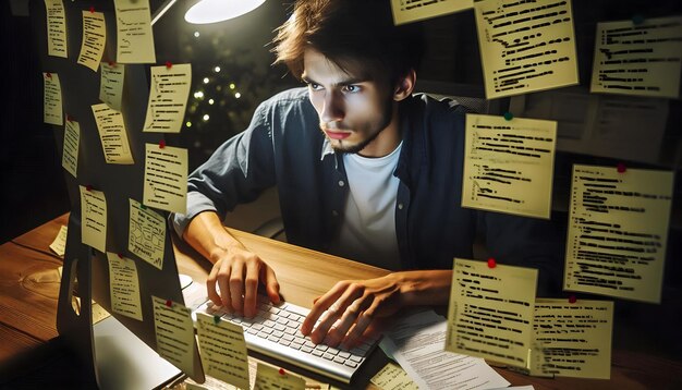 un hombre está trabajando en una computadora con un letrero que dice "no"