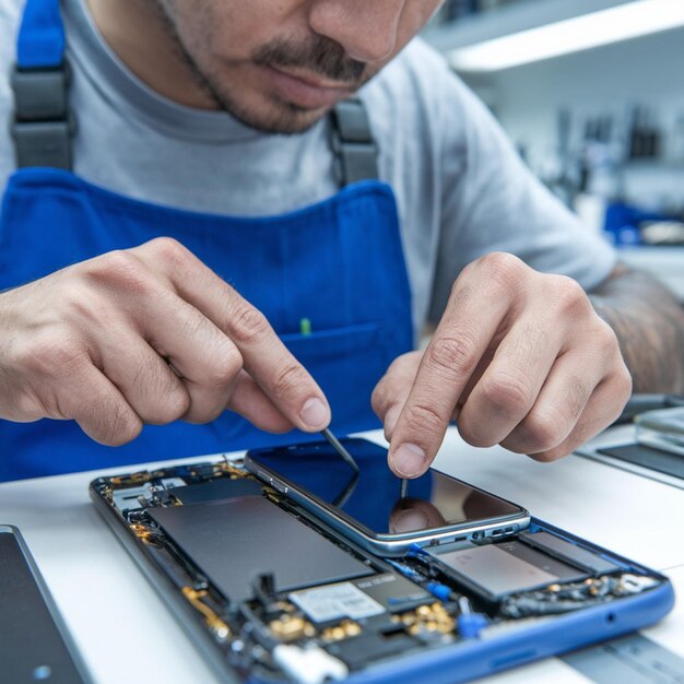 un hombre está trabajando en una computadora con las manos en la pantalla