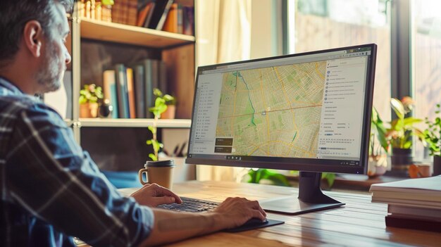 un hombre está trabajando en una computadora con un mapa en la pantalla