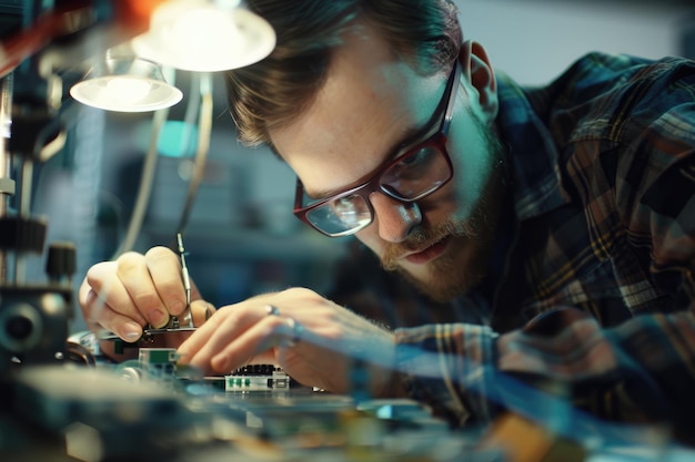 un hombre está trabajando en una computadora con un micrófono