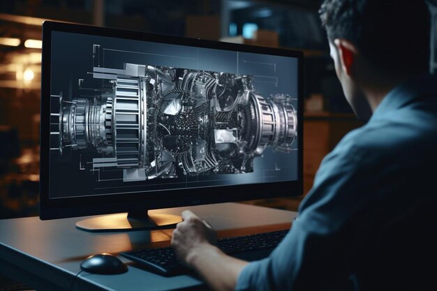 un hombre está trabajando en una computadora con un monitor de computadora que muestra el motor