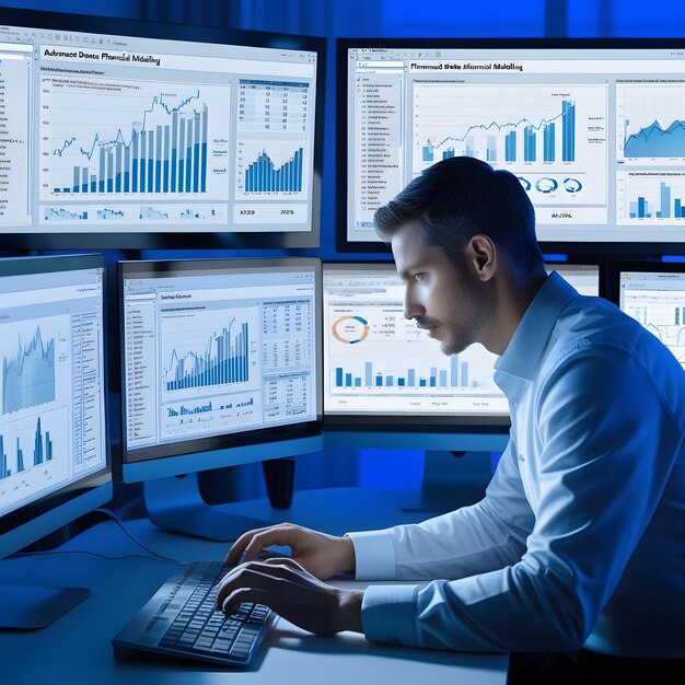 un hombre está trabajando en una computadora con muchos monitores