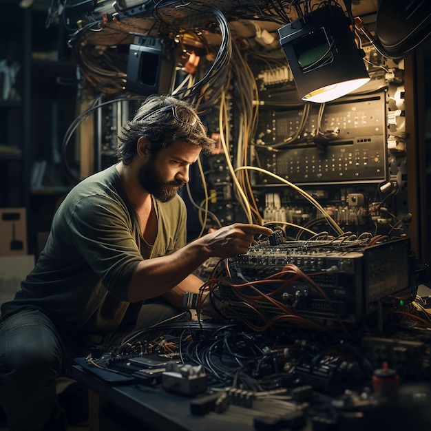 un hombre está trabajando en una computadora con la palabra en él