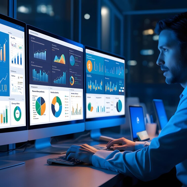 un hombre está trabajando en una computadora con una pantalla que muestra gráficos y gráficos