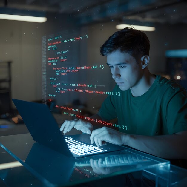 un hombre está trabajando en una computadora portátil con el código de la palabra en la pantalla