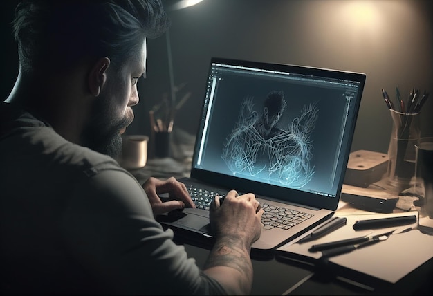 Un hombre está trabajando en una computadora portátil con un dibujo de un hombre en la pantalla.