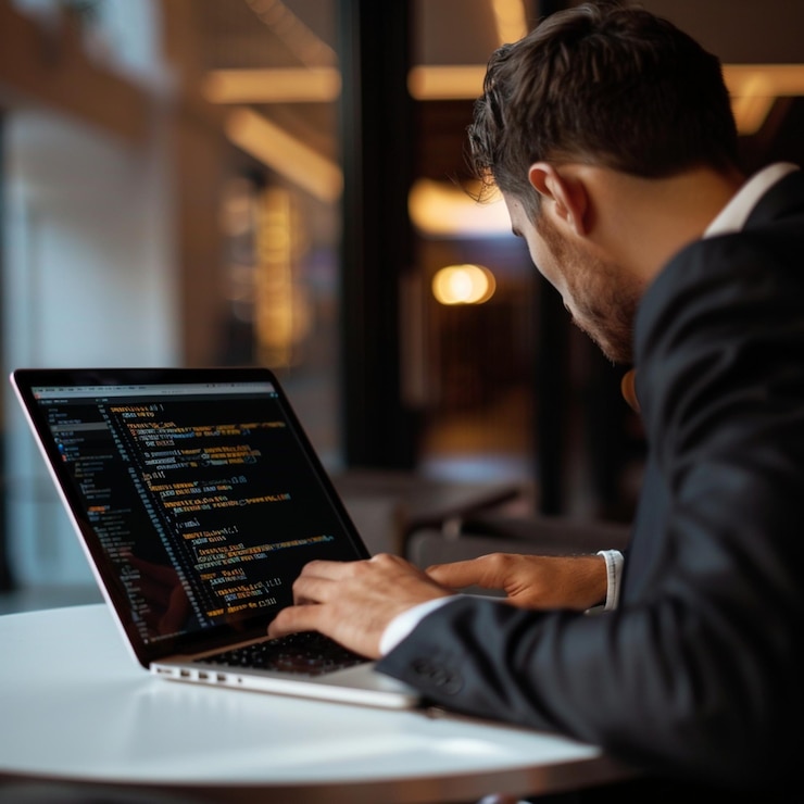 un hombre está trabajando en una computadora portátil con la palabra vuelo en la pantalla