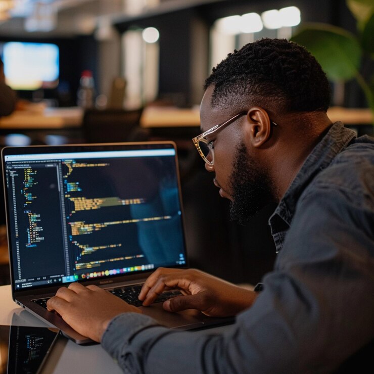 un hombre está trabajando en una computadora portátil con las palabras cita la palabra cita en la pantalla