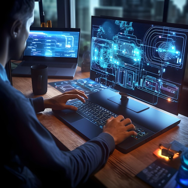 Un hombre está trabajando en una computadora portátil con una pantalla azul que dice "azul".