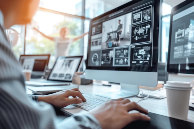 Un hombre está trabajando en una computadora en su lugar de trabajo en la oficina