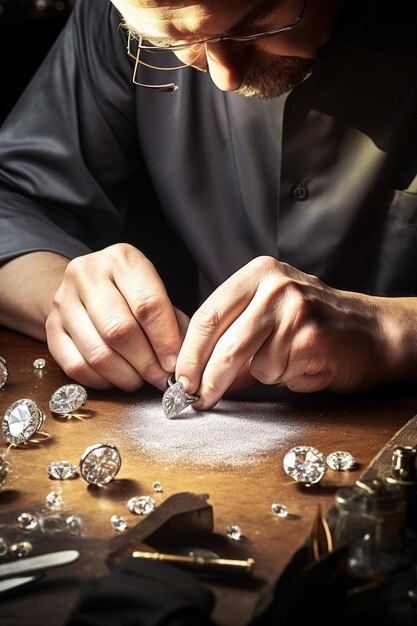 un hombre está trabajando en un diamante y está acostado en una mesa