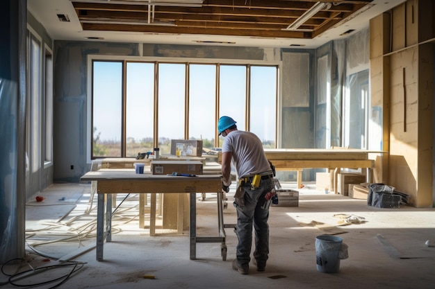 Un hombre está trabajando diligentemente en un proyecto de construcción mientras usa un casco y utiliza varias herramientas Contratista general dentro de una casa de construcción moderna generada por IA