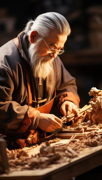 Un hombre está trabajando en una escultura de madera ai