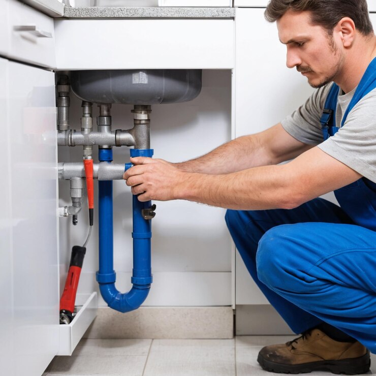 Foto un hombre está trabajando bajo un fregadero