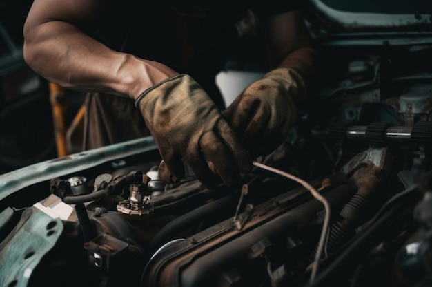 Un hombre está trabajando en una imagen generativa de IA del motor de un automóvil.