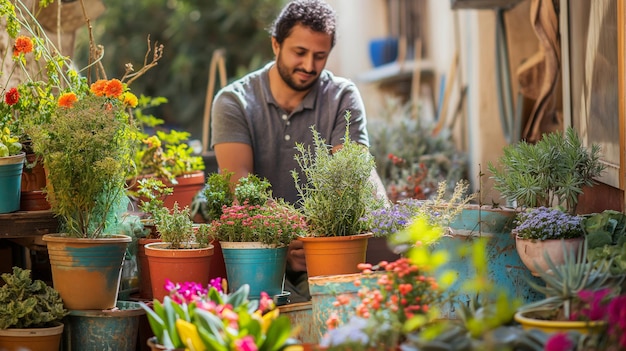 un hombre está trabajando en un jardín con flores