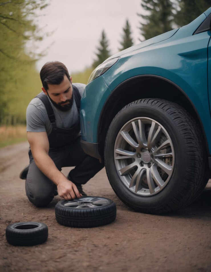 un hombre está trabajando en un neumático que está delante de un vehículo