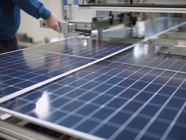 Un hombre está trabajando en un panel solar en una fábrica.