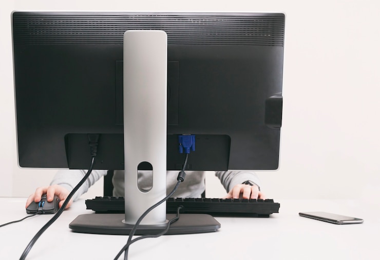 Foto el hombre está trabajando con pc en la oficina.