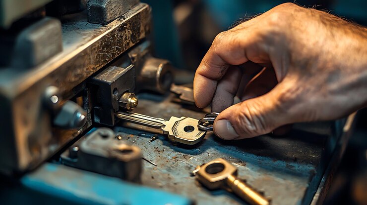 un hombre está trabajando en una pieza de metal con una llave en la mano