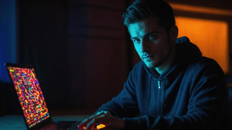 Foto un hombre está trabajando remotamente en una computadora portátil