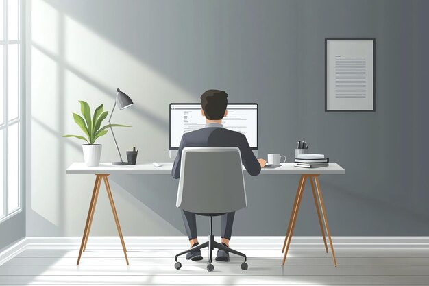 un hombre está trabajando en su computadora en una habitación con una imagen de una planta y una imagen de un hombre trabajando en una computadora