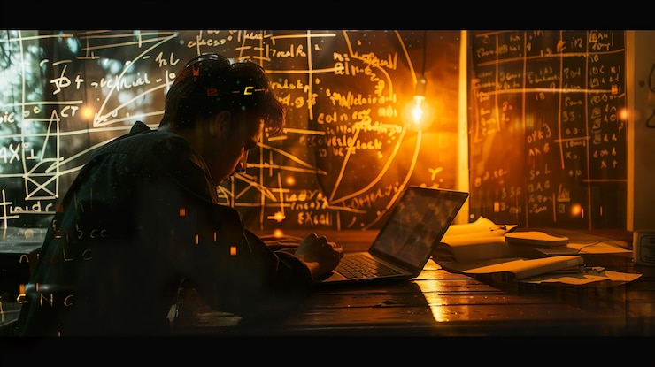 Foto un hombre está trabajando en su portátil con las palabras matemáticas escritas en el tablero