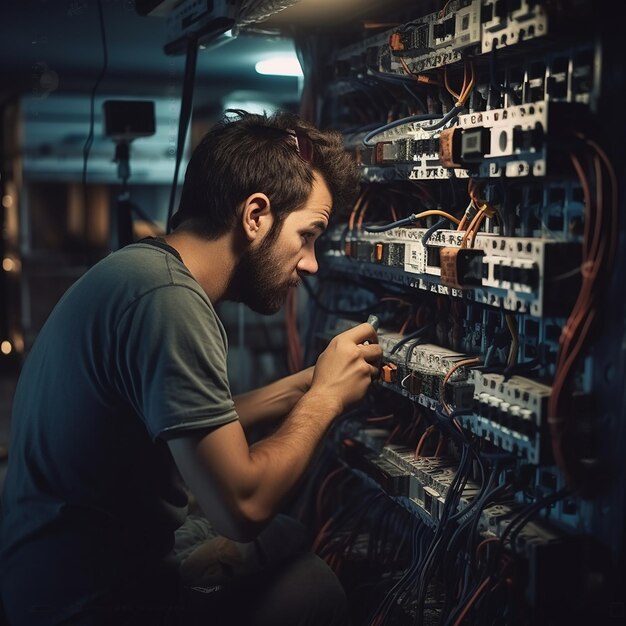 un hombre está trabajando en una tira de energía con un hombre trabajando en ella