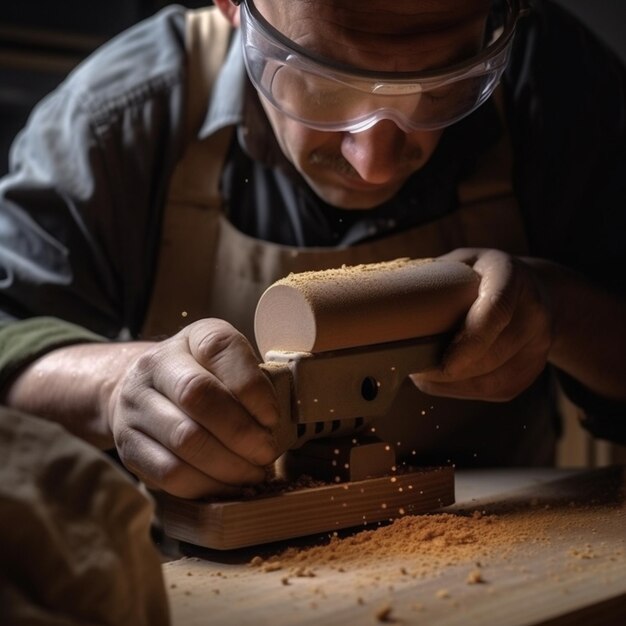 Un hombre está trabajando en un trozo de madera con un trozo de madera.