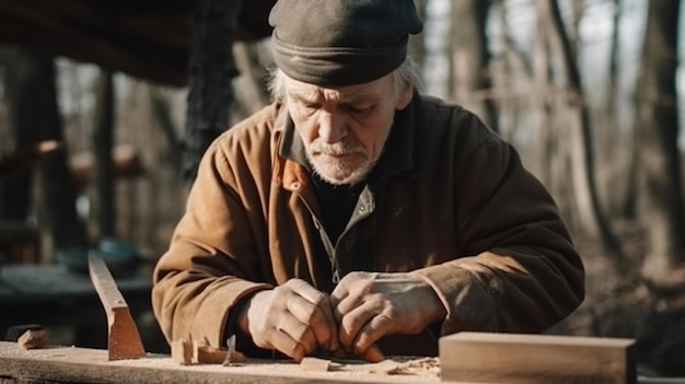 Un hombre está trabajando en un trozo de madera.