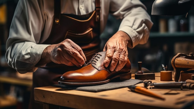 un hombre está trabajando en un zapato que tiene un cortador en él