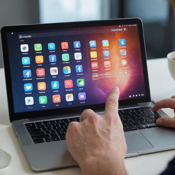 Foto el hombre está usando una computadora portátil con los iconos en la pantalla