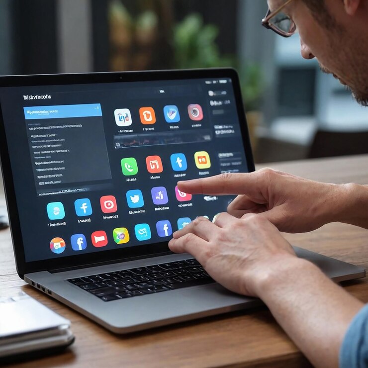 Foto el hombre está usando una computadora portátil con los iconos en la pantalla