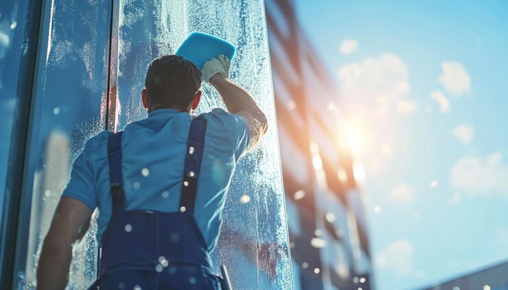 un hombre está usando una esponja para limpiar el agua