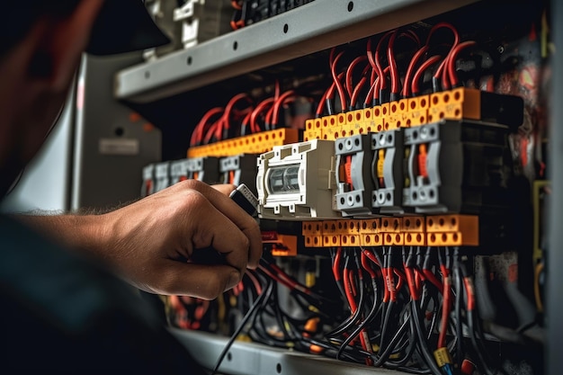 Un hombre está usando una fuente de alimentación para instalar un panel con cables.