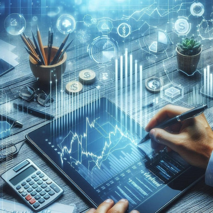 un hombre está usando una tableta para el análisis de acciones estrategia de gestión financiera con gráficos