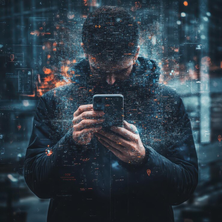 un hombre está usando un teléfono celular con la palabra por todas partes
