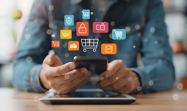un hombre está usando un teléfono inteligente con un carrito de compras en la pantalla