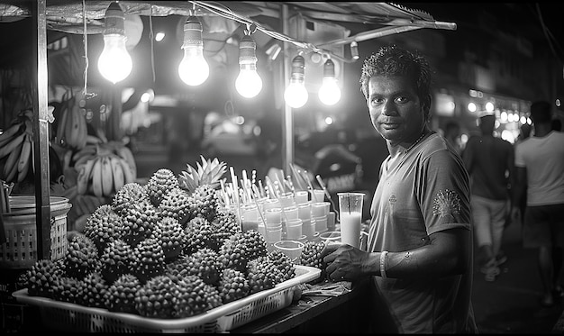 un hombre está vendiendo piñas en un puesto de frutas