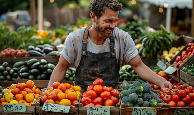 un hombre está vendiendo verduras en un mercado