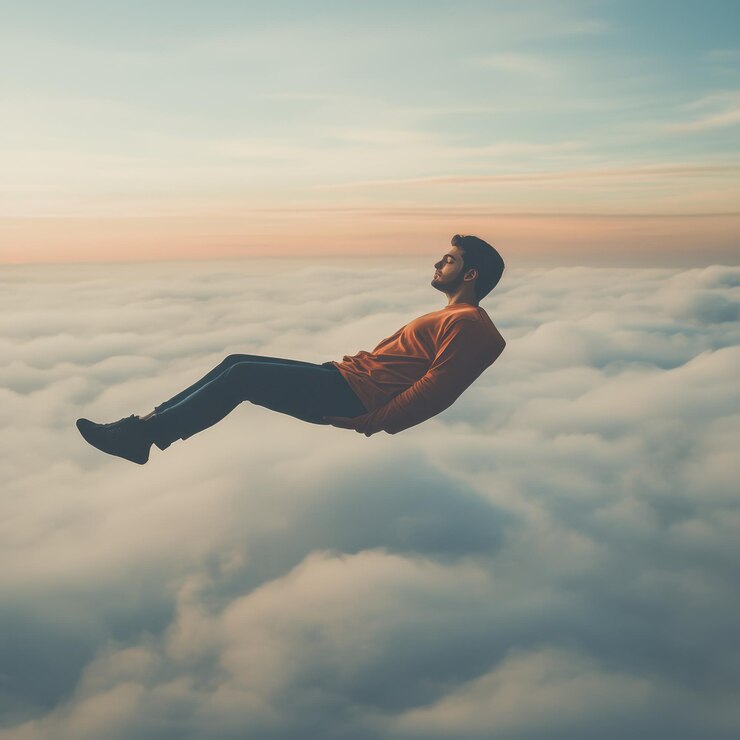 un hombre está volando alto por encima de las nubes