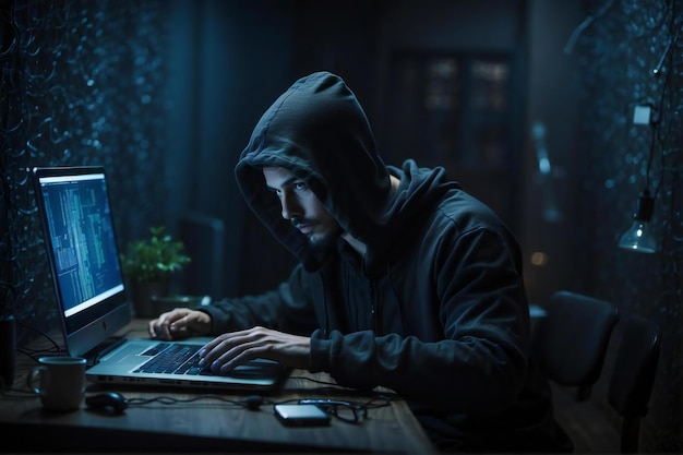 Foto el hombre estaba hackeando la red usando una computadora portátil y una computadora en una habitación oscura.