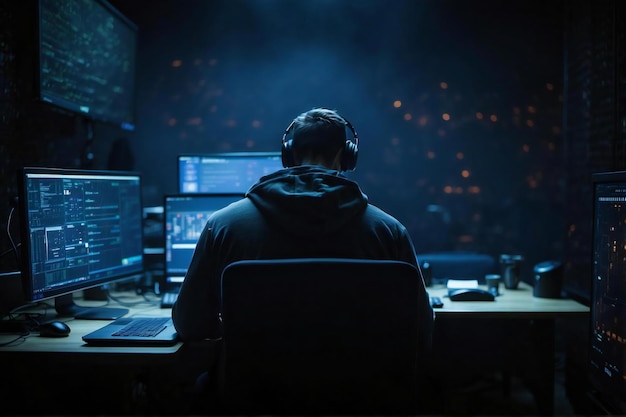 Foto el hombre estaba hackeando la red usando una computadora portátil y una computadora en una habitación oscura.