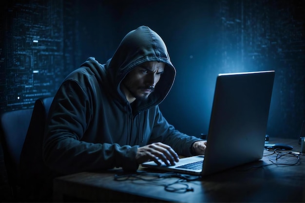 Foto el hombre estaba hackeando la red usando una computadora portátil y una computadora en una habitación oscura.